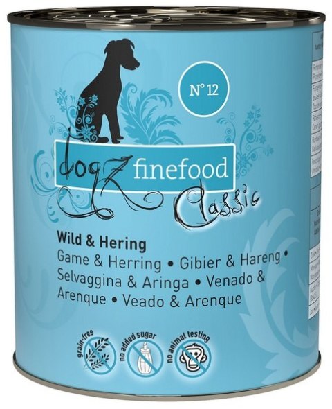 puszka 800g Dogz Finefood Classic N.12 Dziczyzna i śledź