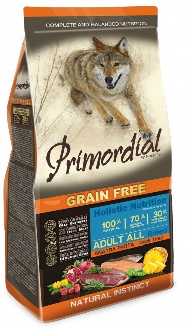 Pstrąg i Kaczka 12kg Primordial karma dla psa dorosłego Dog Grain Free Adult