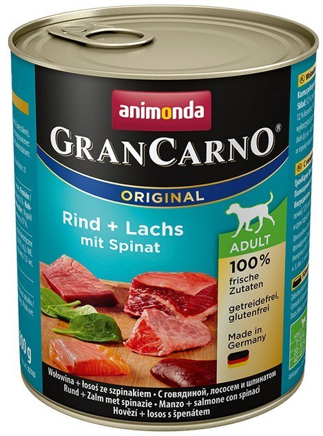 Animonda GranCarno Original Adult Rind Lachs Spinat Wołowina, Łosoś + Szpinak puszka 800g