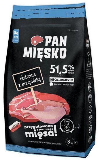 Pan Mięsko Karma sucha dla psa - dla szczeniąt cielęcina i przepiórka chrupki L 3kg