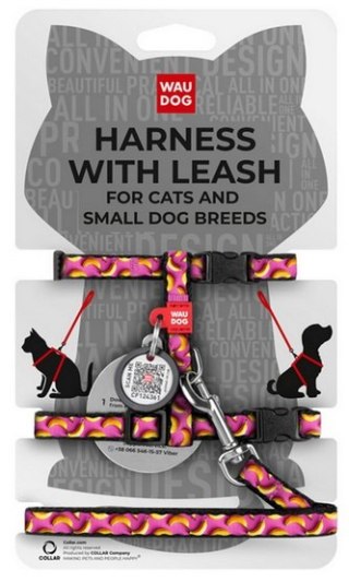Collar WauDog Nylon Szelki se smyczą nylonowe anatomiczne w kształcie litery H, z QR-paszportem, plastikowy fastex, wzór BANANY 